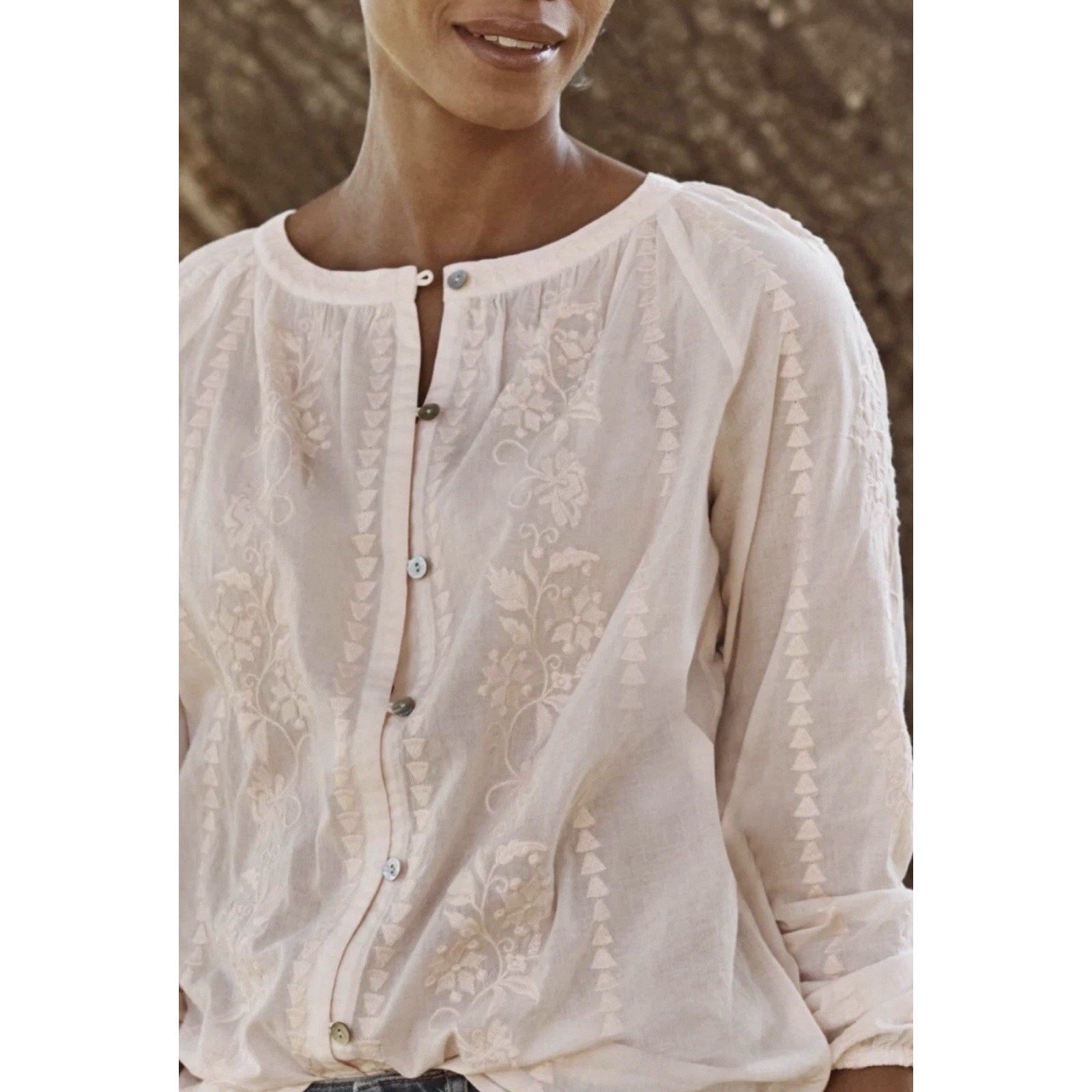J.Jill Embroidered Button-Front Blouse Pastel Peach Size Xs Petite Boho Romantic